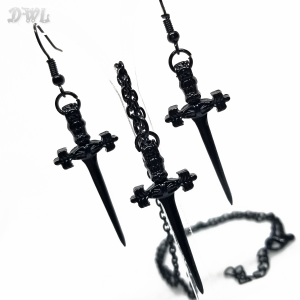 Sword-Cross-Matching-Necklace-Earrings-Set-Black