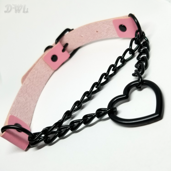 Jewelry-Necklace-Black-Heart-Chain-Leather-Pink