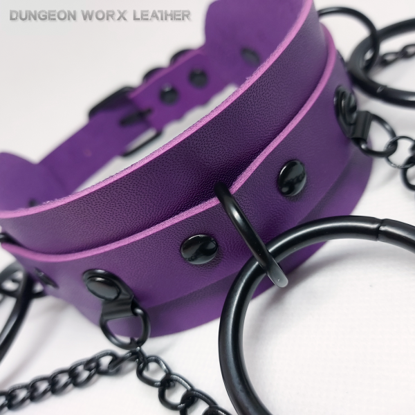 Jewelry-Choker-Collar-Black-3-Chain-3-Oring-Leather-Purple