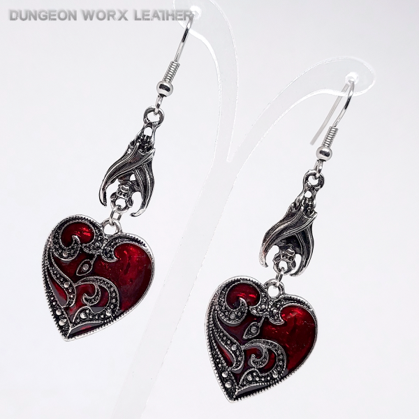 Jewelry-Gothic Pewter Filigree Blood Heart Dangle Earrings