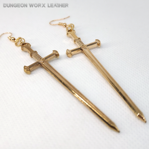 Jewelry-Large-Gothic-Broad-Sword-Dangle-Earrings-Gold