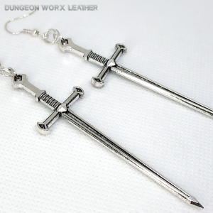 Jewelry-Large-Gothic-Broad-Sword-Dangle-Earrings-Silver