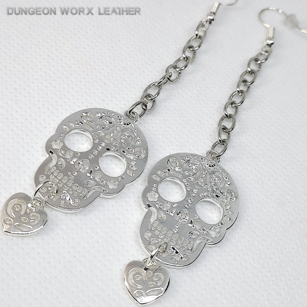 Jewelry Silver-tone Sugar Skull Long Dangle Earrings