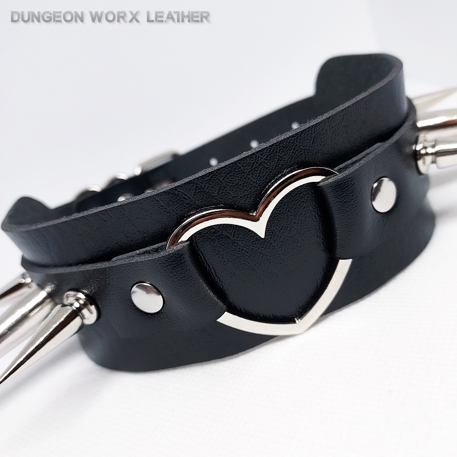 Alternating Tall Silver Spikes and Heart Collar in BLACK