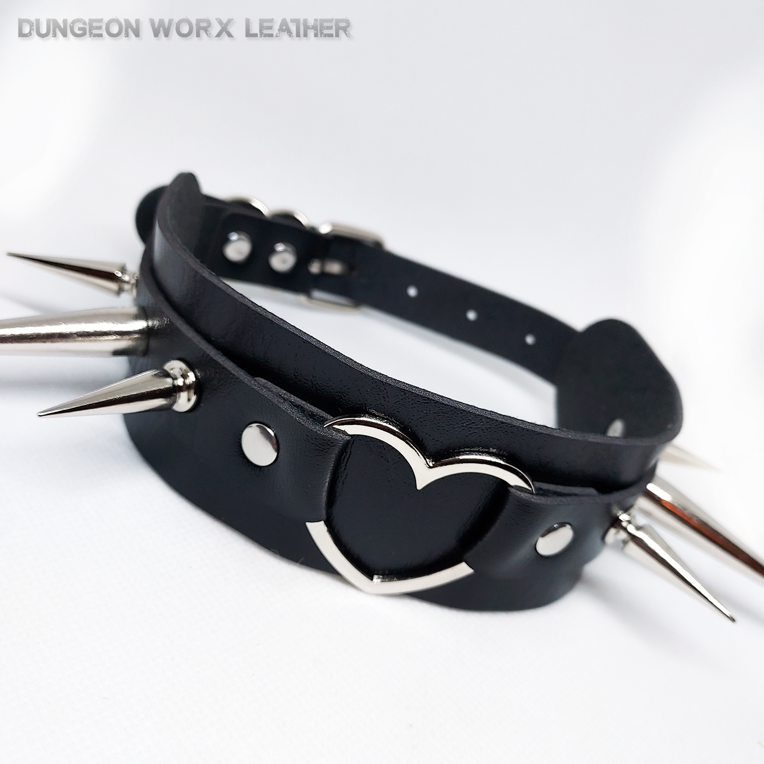 Alternating Tall Silver Spikes and Heart Collar in BLACK - Image 2