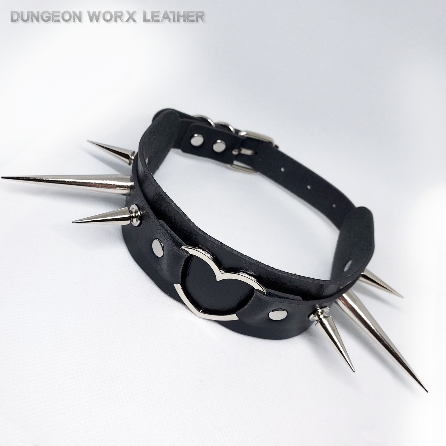 Alternating Tall Silver Spikes and Heart Collar in BLACK - Image 3